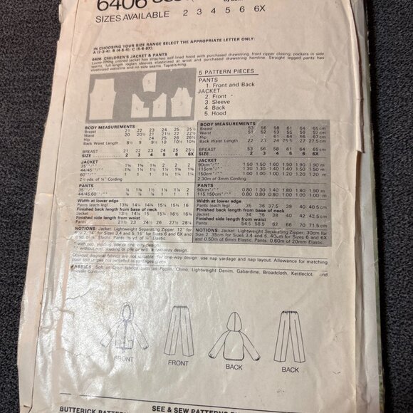 See & Sew Butterick 6406 Sewing Pattern Size 2 4 6 Kids Jacket Pants uncut - Picture 3 of 7